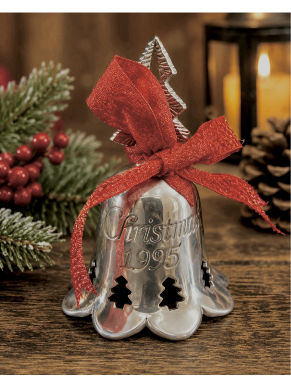 Vintage International Silver Co Silver-Plate Christmas Tree 1995 Bell Red Bow